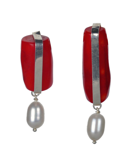 Coral and pearls sterling silver earrings